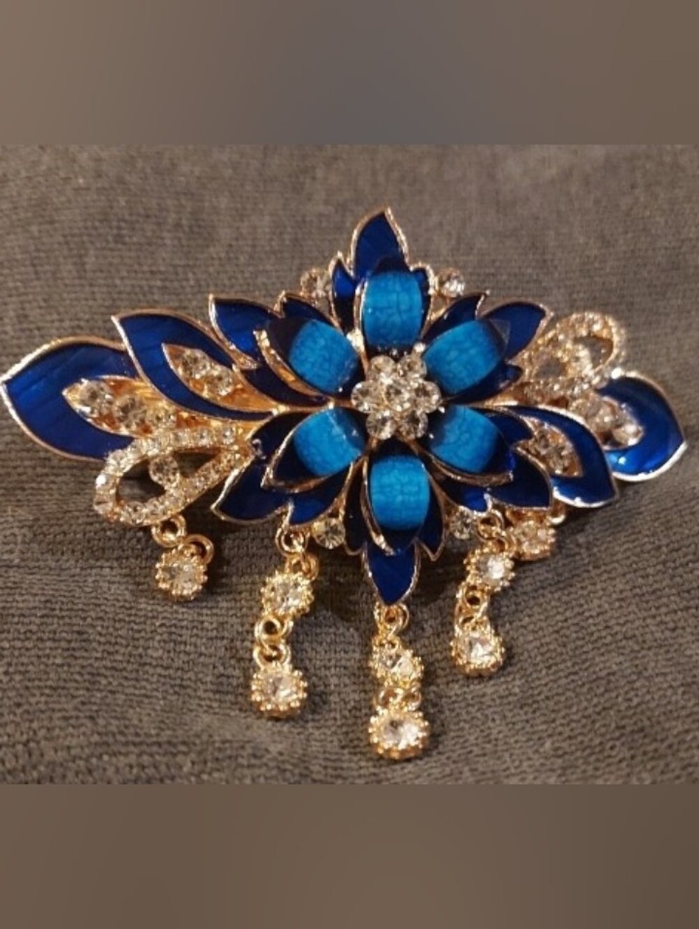 Gold-Tone Floral Hair Clip with Blue and Clear Crystal Accents